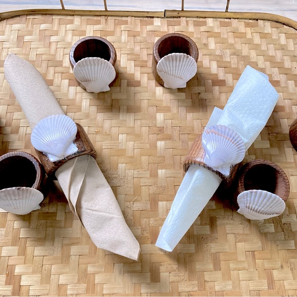 NAPKIN RINGS Wood Nautical Seashell Beach Ocean 1.5 inch Diameter Set of 8 - Picture 2 of 8